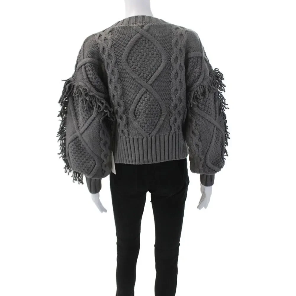 Line And Dot Womens Round Neck Long Sleeves Fringe Pullover Sweater Gray Size XS